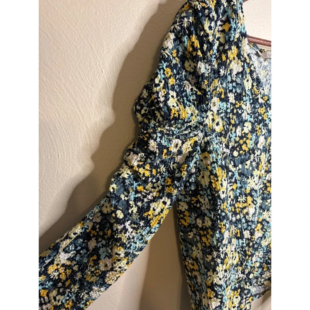 LOFT Womens Floral Puff Sleeve Blouse Size L Blue Yellow Cottagecore Casual